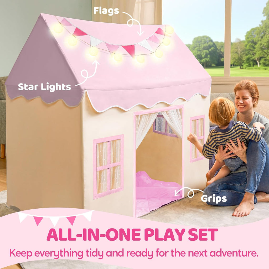 Play Tent for Kids,Indoor & Outdoor Tent with Blanket,LED Lights & Flags for Children,Spacious 51*35*52