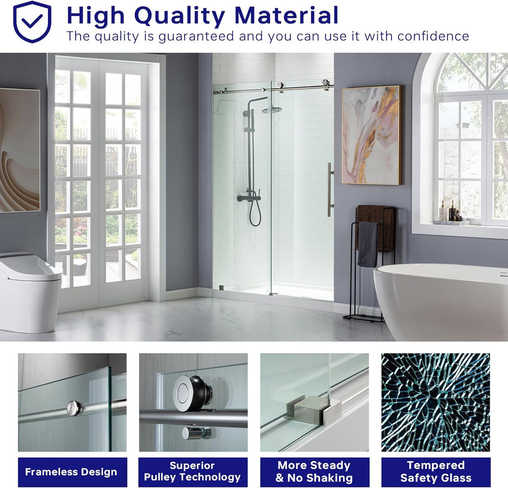 44-48"Wx76"H Frameless Shower Door, 3/8(10mm)Clear Tempered Glass with Explosion-Proof Film