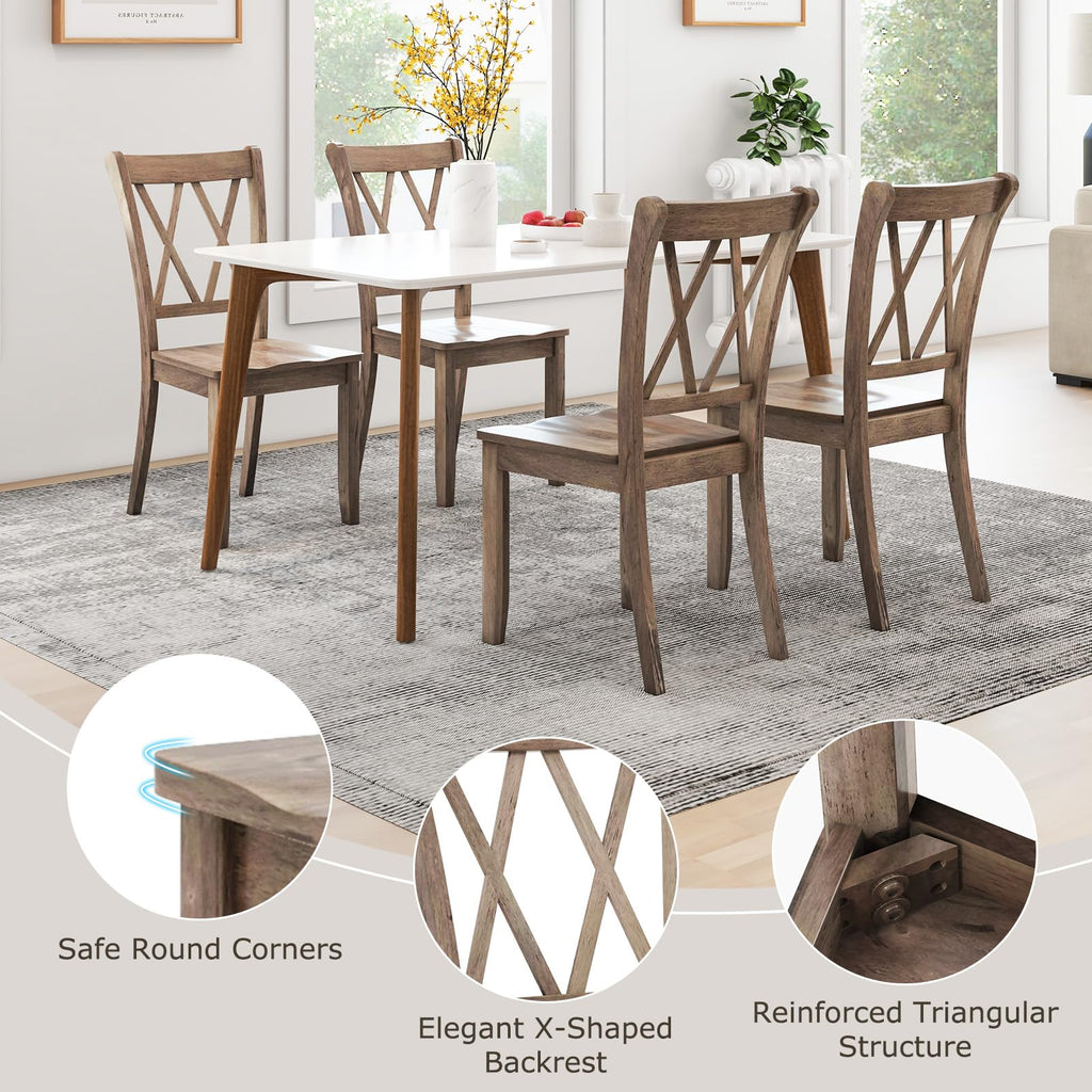 Solid Rubberwood Dining Chairs, Set of 4, Brown Farmhouse X-Back
