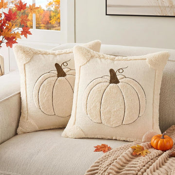 Fall Throw Pillow Covers 18x18 Double-Sided Beige Pumpkin Plush - Set of 2