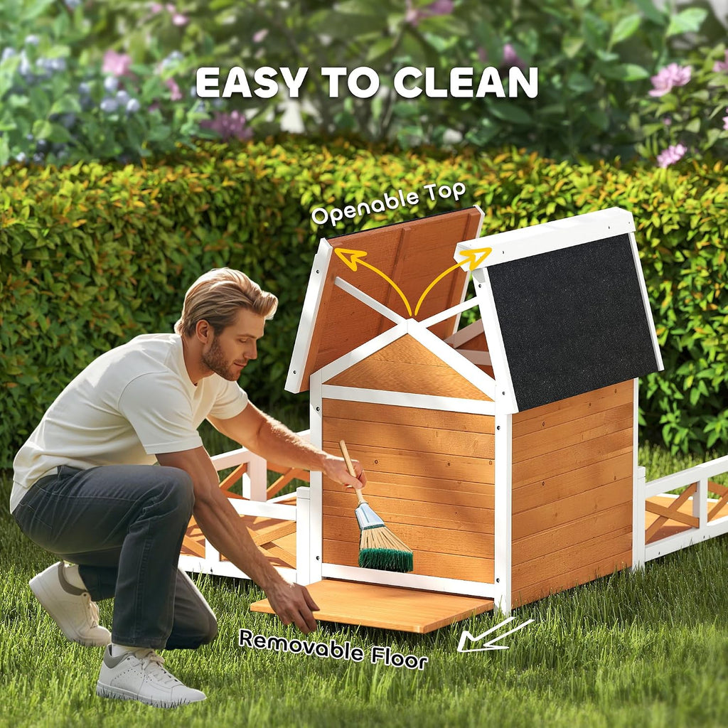 Outdoor Dog House, 56" Wooden Dog House with Large Porch, Weatherproof & Openable Roof, Elevated Base, Removable