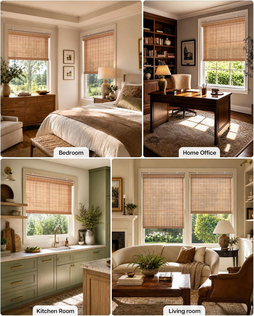 Cordless Bamboo Roller Shades, 34" W x 70" H, Squirrel | Natural Light Filtering Bamboo Window Blinds, Bamboo Roll Up