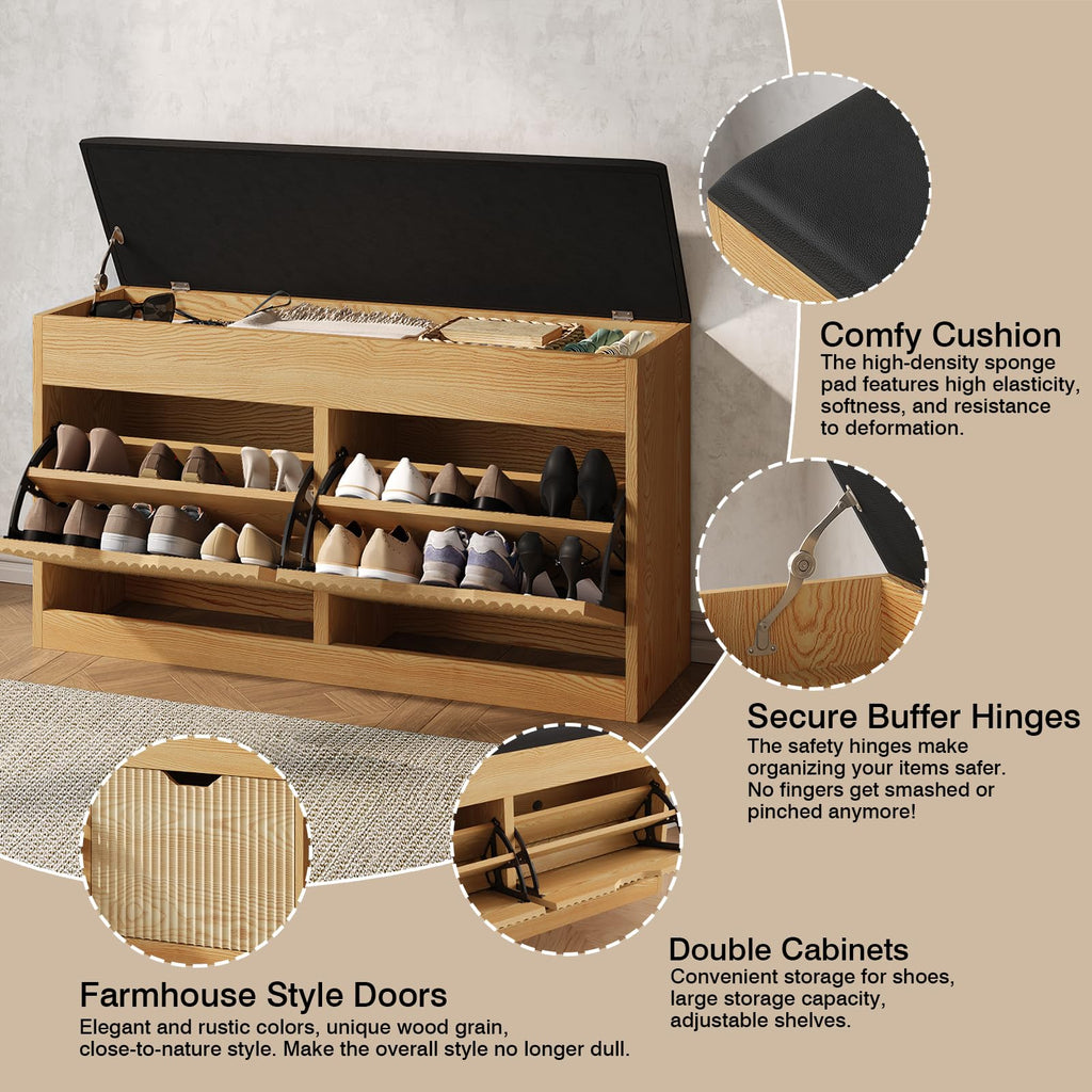 Shoe Storage Bench, 2-Tier Entryway Bench with 2 Flip, 39inches Storage Benches with Padded Cushion Hidden Shoe