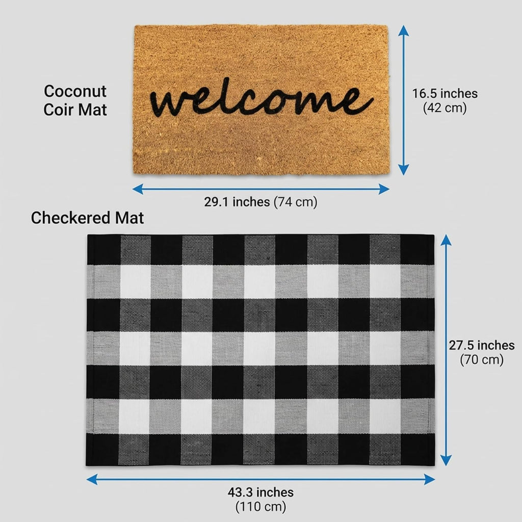 2-Piece Layered Front Doormat Set, Welcome Natural Coco Coir Door Mat + 28"x43" Black and White Buffalo Plaid Rug