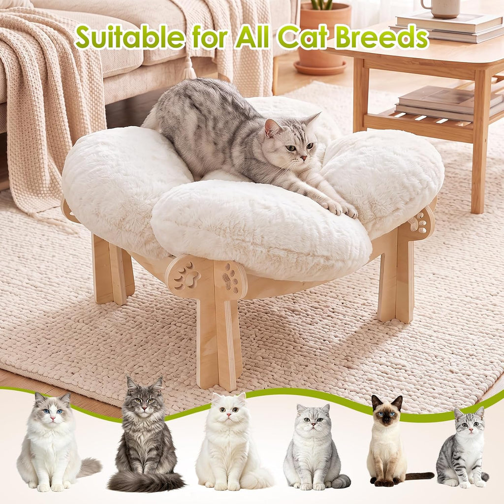 Cat Beds for Indoor Cats, Elevated Wooden Cat Bed Soft Removable Cushion