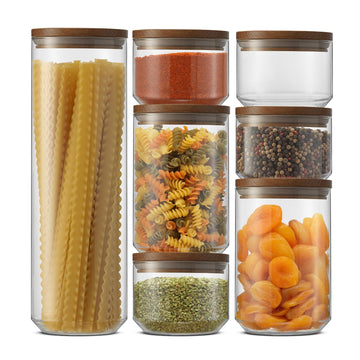 Holden 7-Piece Stackable Glass Storage Containers with Lids, Airtight Food Canister Set with Acacia Wood Lids, Round
