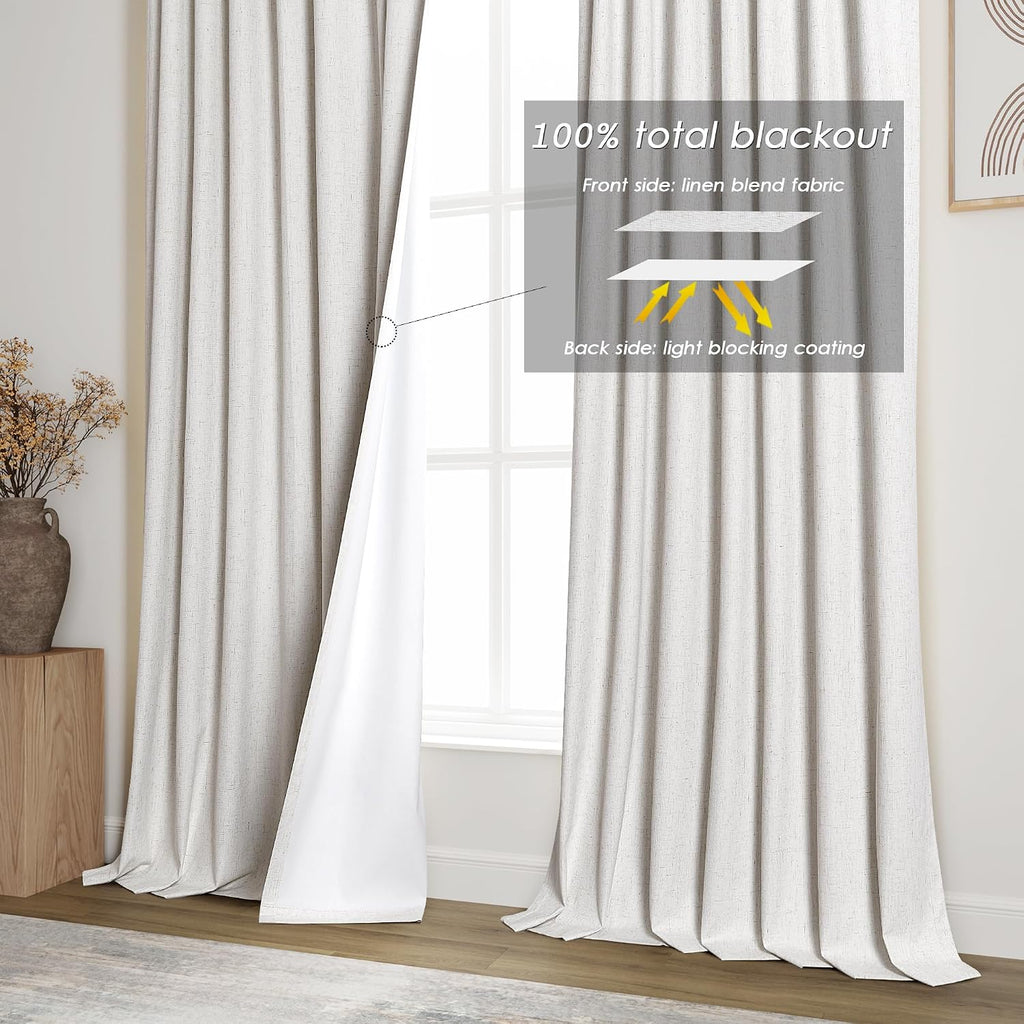 100% Blackout Linen 108 Inch Curtains for Bedroom Cream Black Out Curtain for Living Room Thermal Insulated Farmhouse