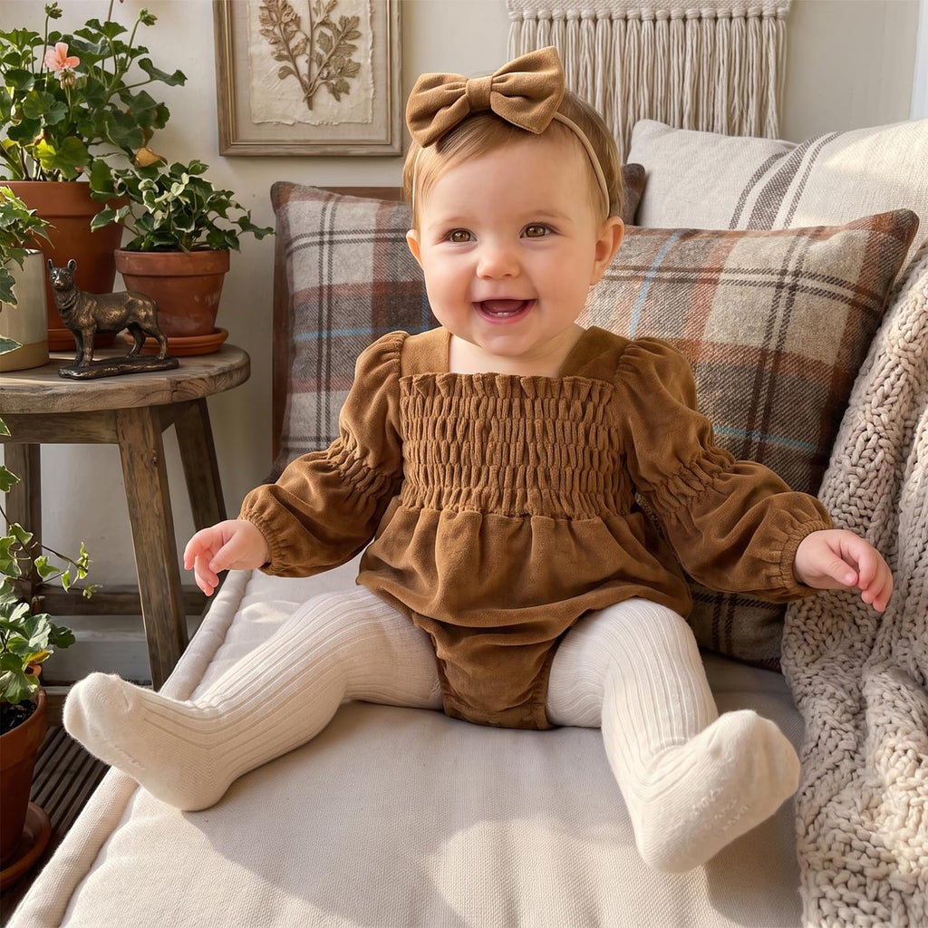Smocked Baby Girl Clothes Newborn Girl Bubble Romper Long Sleeve Jumpsuit And Headband Outfit Cute Infant Clothing