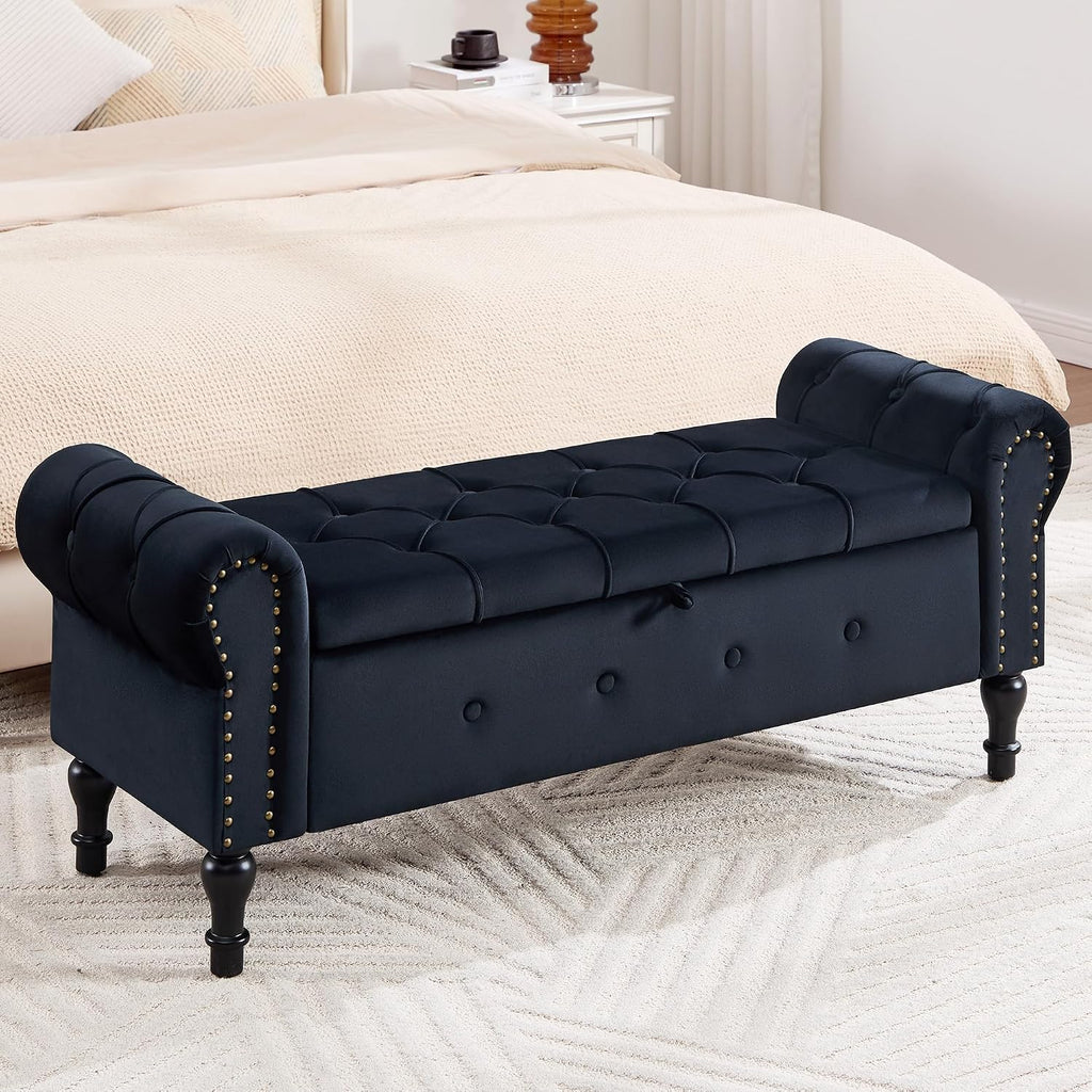 Storage Bench 51" Velvet End of Bed Benches Black | Queen Size Storage Bench with Rolled Arms Tufted Ottoman Benches