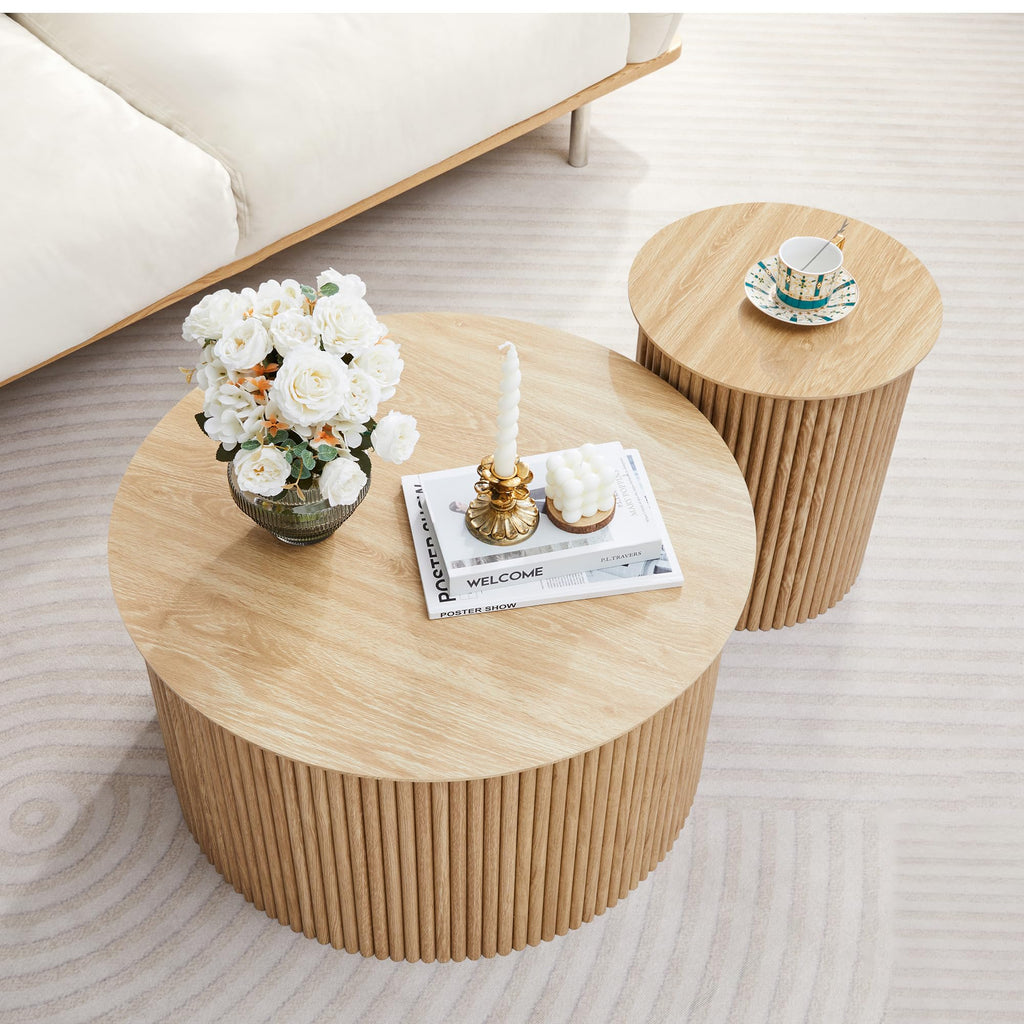 Fluted Round Nesting Coffee Table Set of 2 Circle Center Tables Living Room