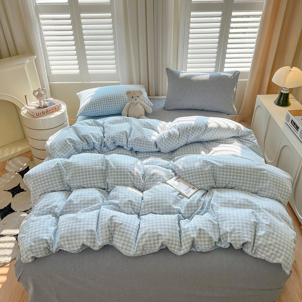 Blue Gingham Comforter Down Alternative Washed Cotton Bedding Set Boho Fluffy Cozy Cute Bedding Comforter Sets
