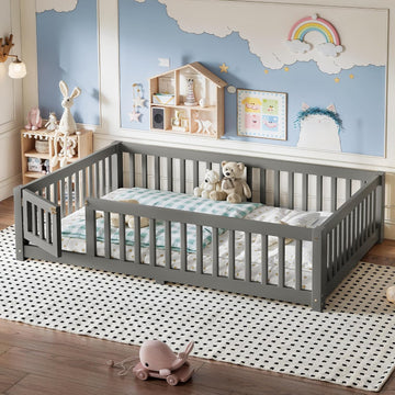 Full Size Montessori Floor Bed Frame with Slats and Fence for Kids, Gray