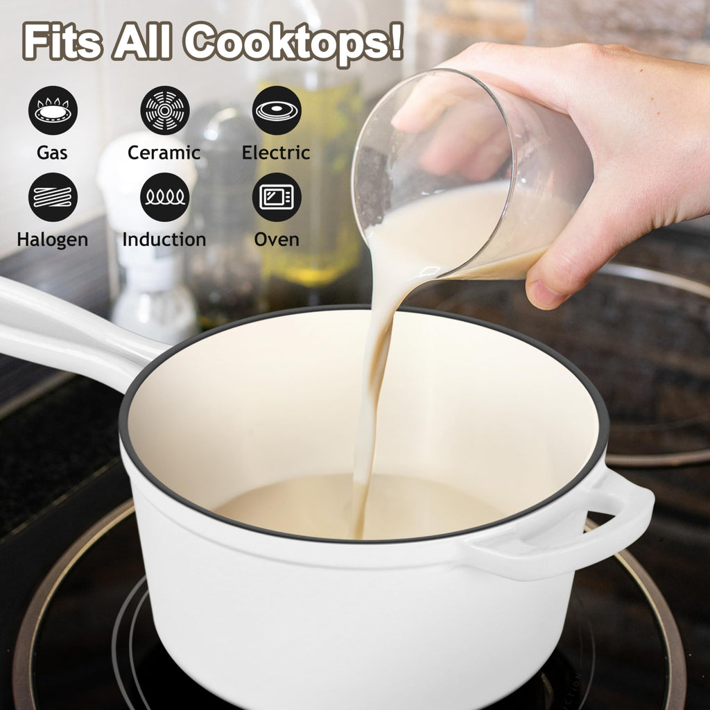 1QT Enameled Cast Iron Saucepan with Lid, Pasta Cookware Pot, White