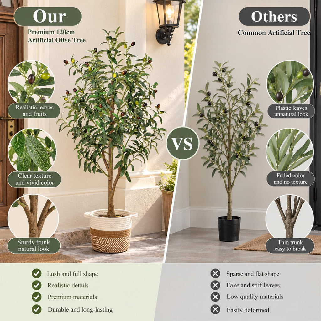 4FT Artificial Olive Tree Indoor Tall Faux with Planter & Basket Large Fake Olive Silk Trees Realistic Olive Plants