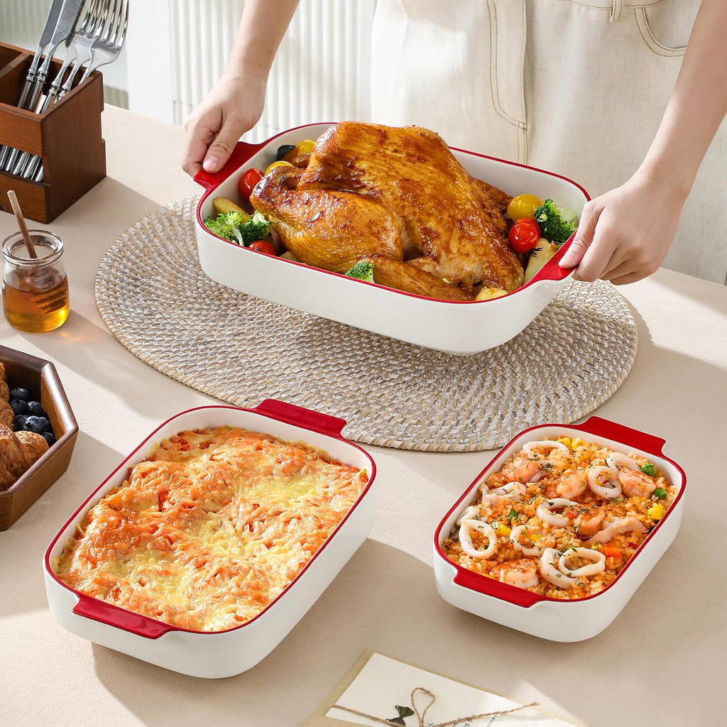 Ceramic Casserole Dishes Set of 3, Red Trim Dish for Oven | 9x13 Rectangular Lasagna Pans with Handles, Microwave