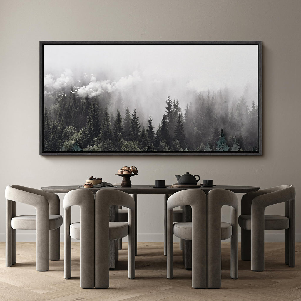 Extra Large Framed Canvas Foggy Pine Forest with Flying Birds Monochrome Illustrations Modern Art Calm Warm - 60"" x30