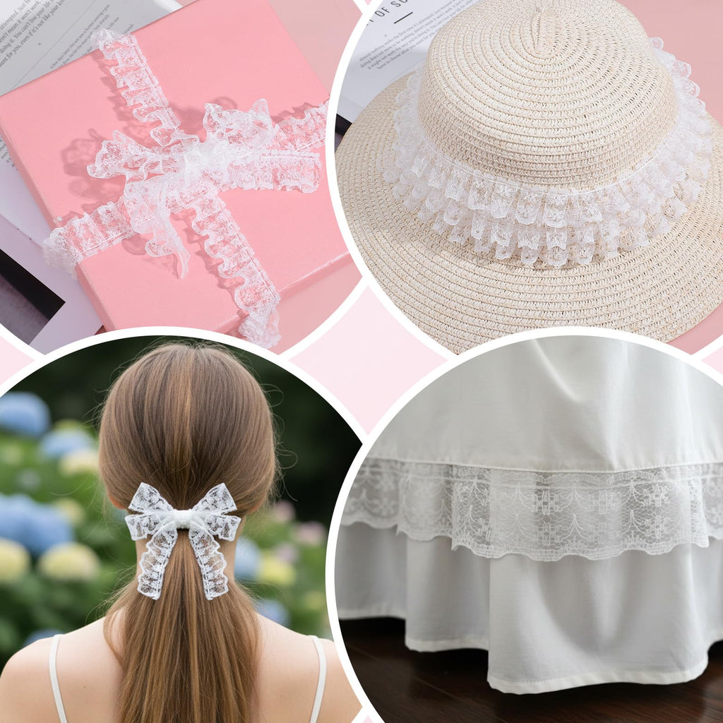 22 Yards White Lace Ruffle Trim, 20m Pleated Lace Trim Ribbon, Polyester Fabric Ribbon for Sewing Bridal Wedding