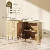 Sideboard Buffet Cabinet, 62" Boho Buffet Table, Rattan Coffee Bar Cabinet with 4 Doors and Shelves for Kitchen