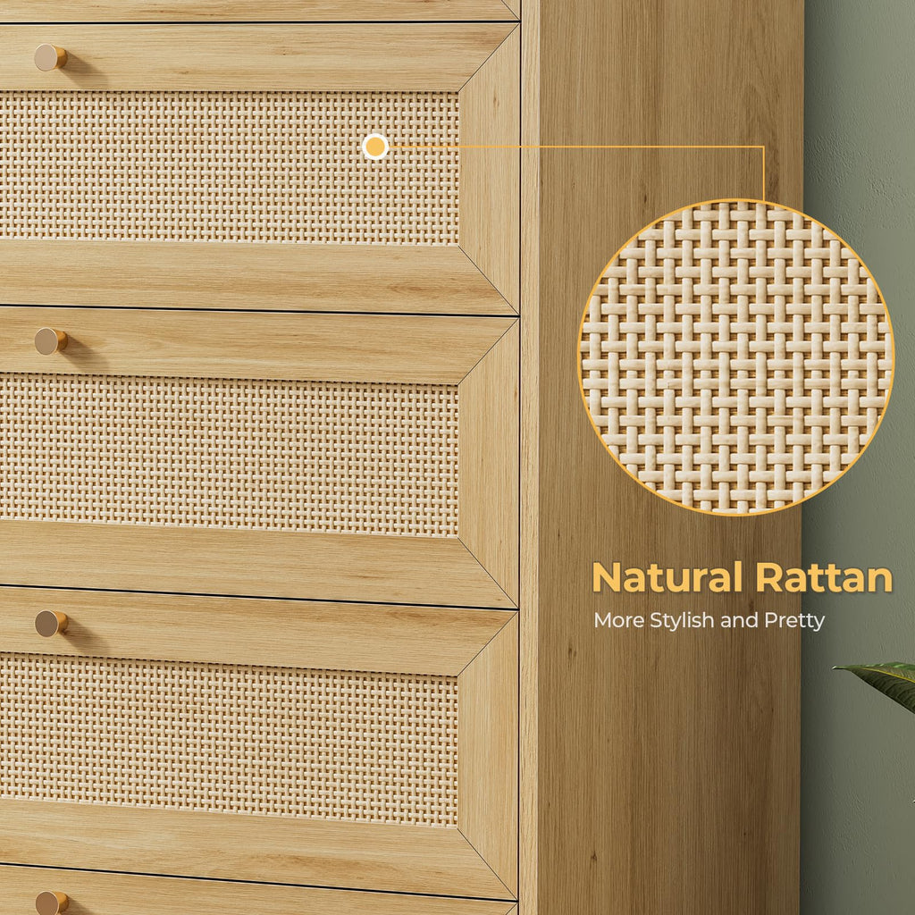 Rattan Dresser with 7 Drawer, Modern Double Wooden Tall Bedroom Dresser, Chest of Drawers with Metal Handle & Solid