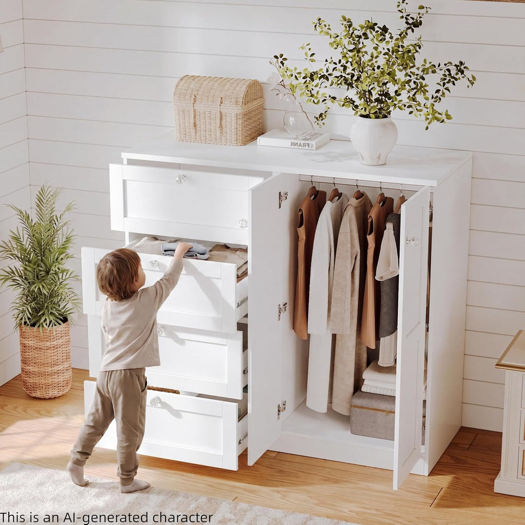 43''H Armoire Wardrobe Closet with 4 Drawers and 2 Doors | Small Clothing Storage Cabinet Dresser with Hanging Rod