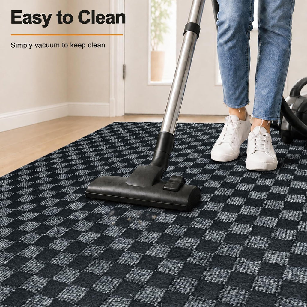 2x8 FT Non-Slip Kitchen Rugs with Rubber Backing, Black Check