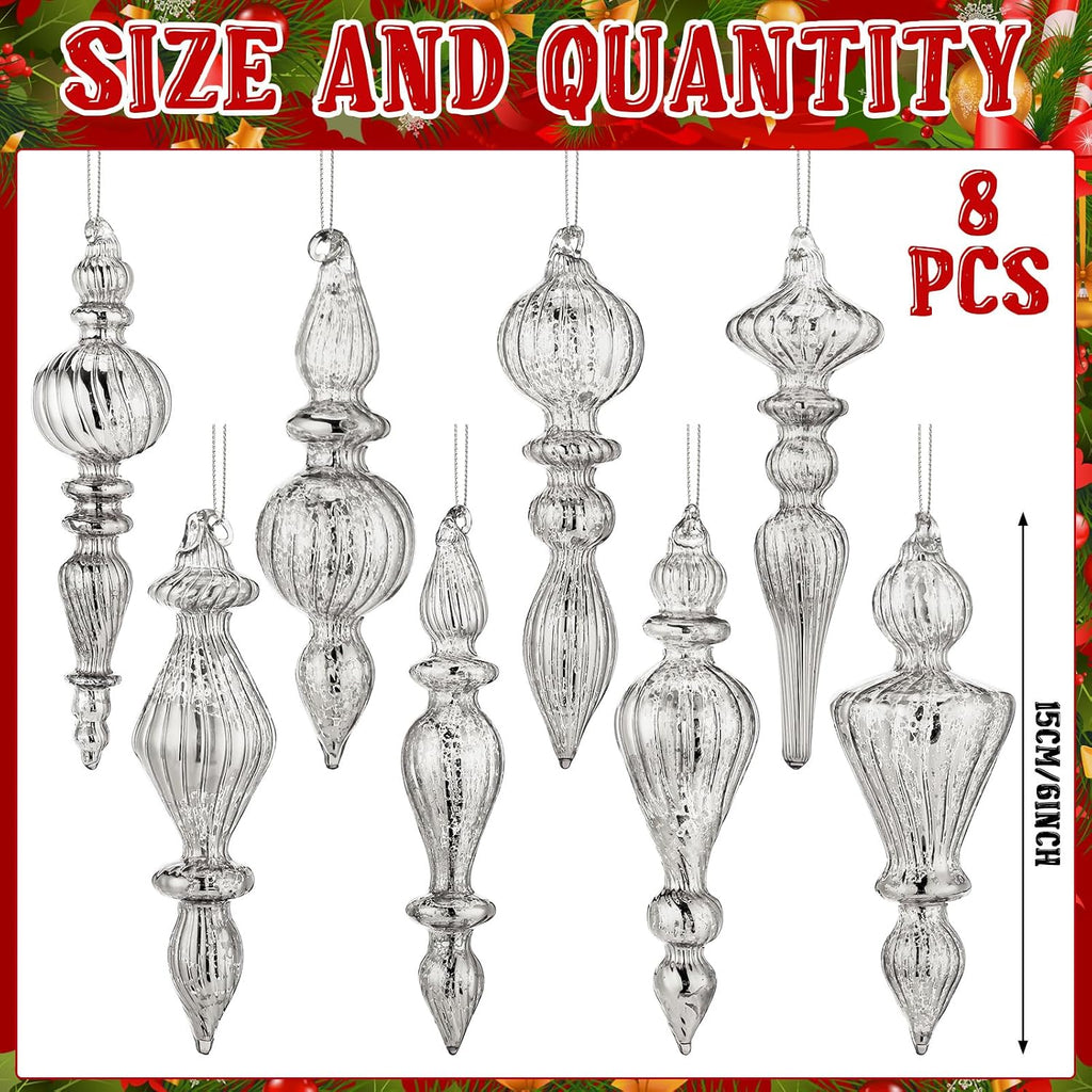 Inch Mercury Glass Finial Christmas Ornaments, Silver - Set of 8