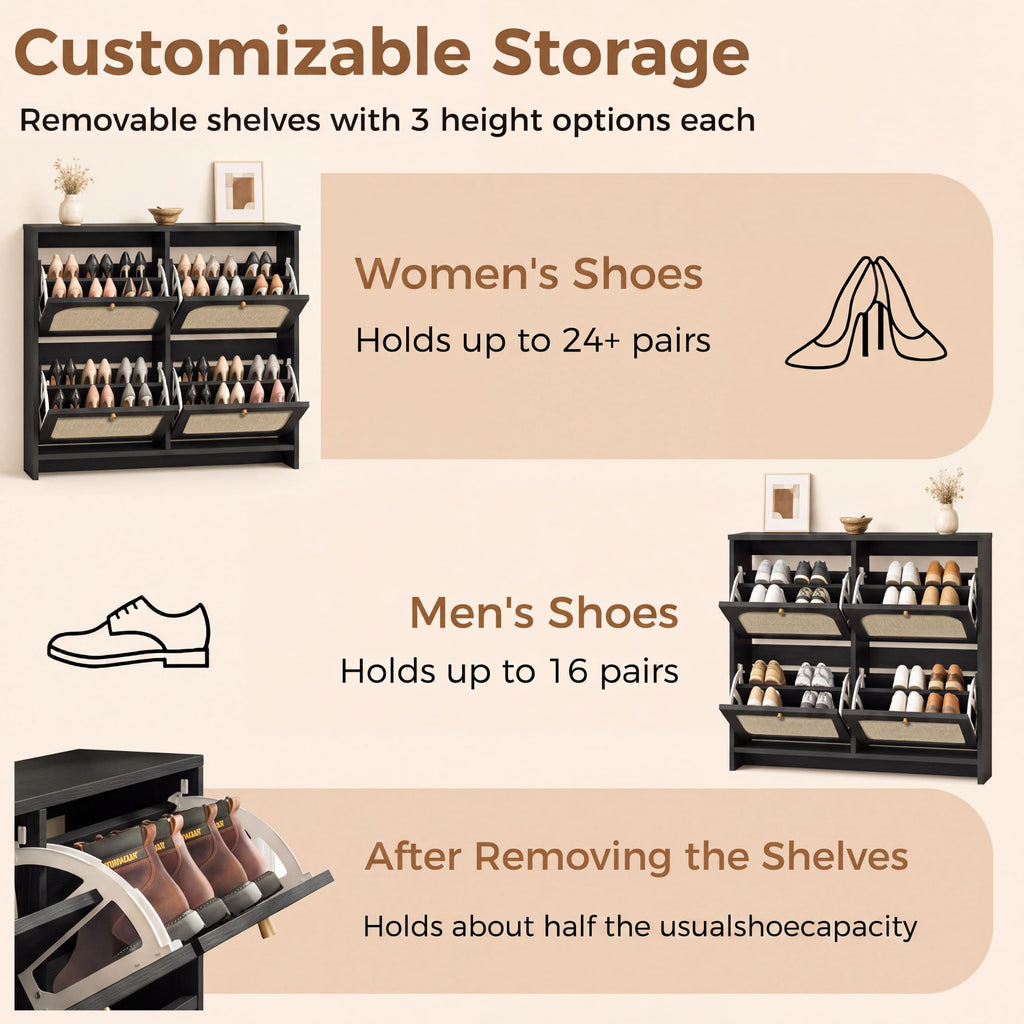 Rattan Shoe Cabinet, 9.5" Ultra-Thin Narrow Shoe Rack with 4 Flip Drawers, Boho Slim Shoe Storage Organizer with
