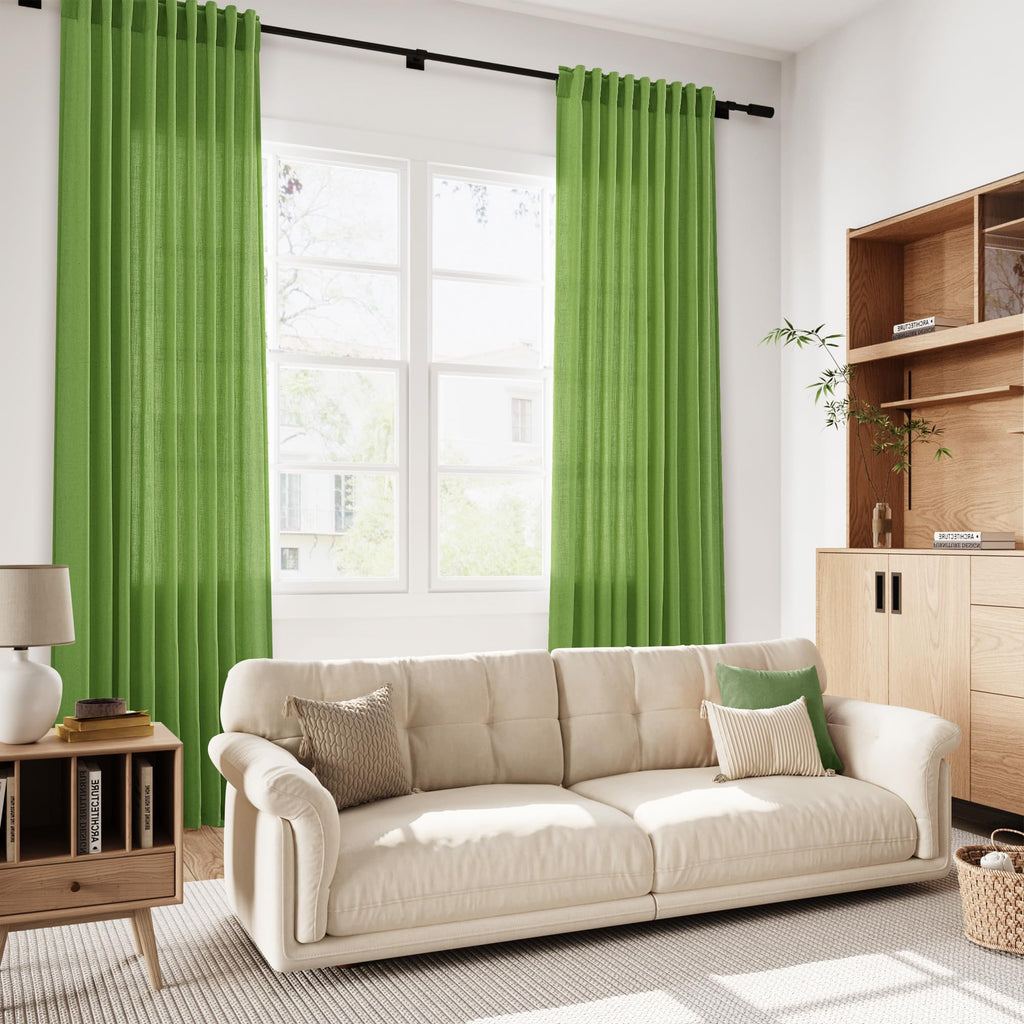 Lime Green Curtains 63 Inches Long 2 Panel Sets Bedroom, Light Filtering Linen Drapes Windows Rod Pocket or Back Tab