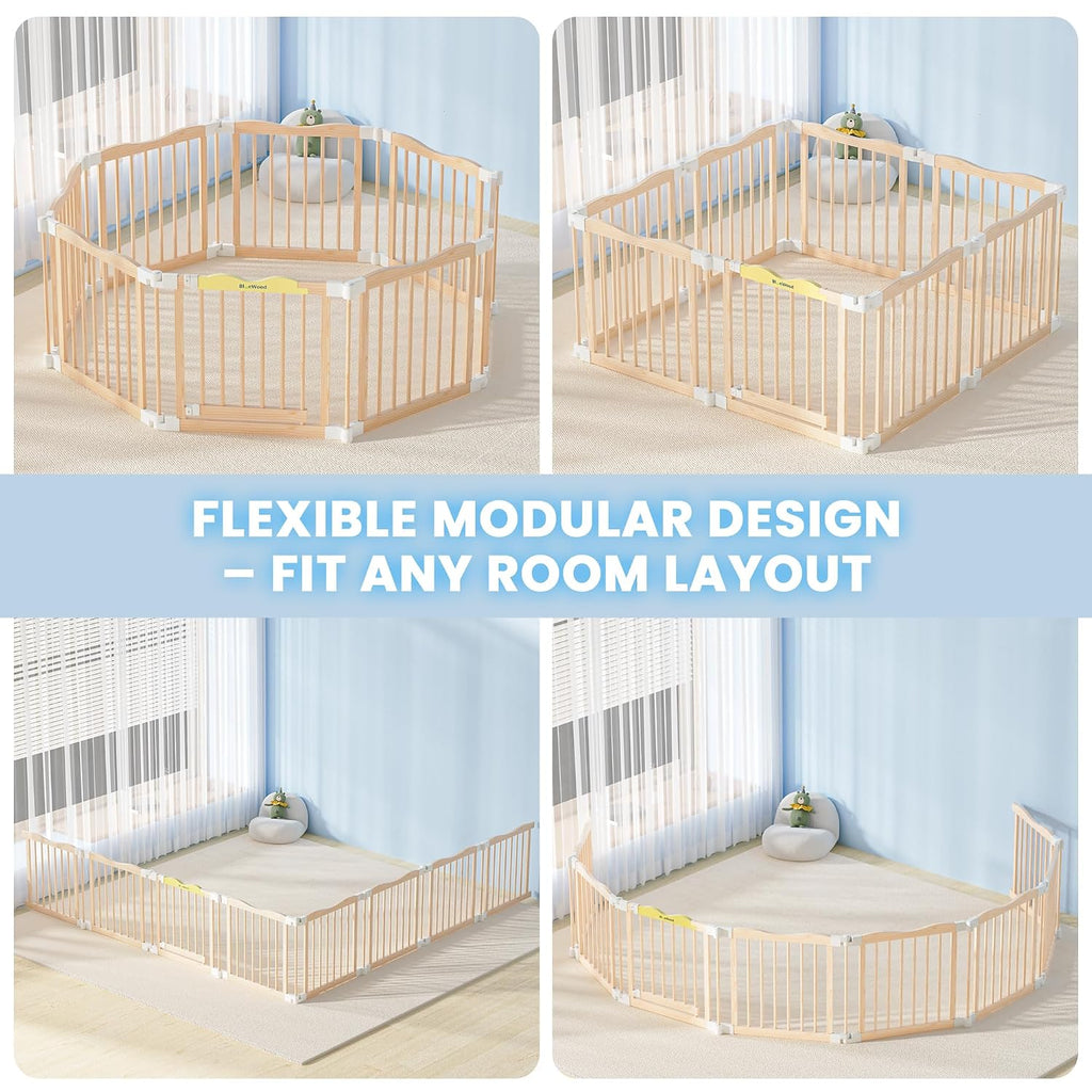 Foldable Wooden Playpen, Natural Pine, 55 x 55 x 24 inches | Adjustable Wood Baby Play Yard with Door, Indoor Large