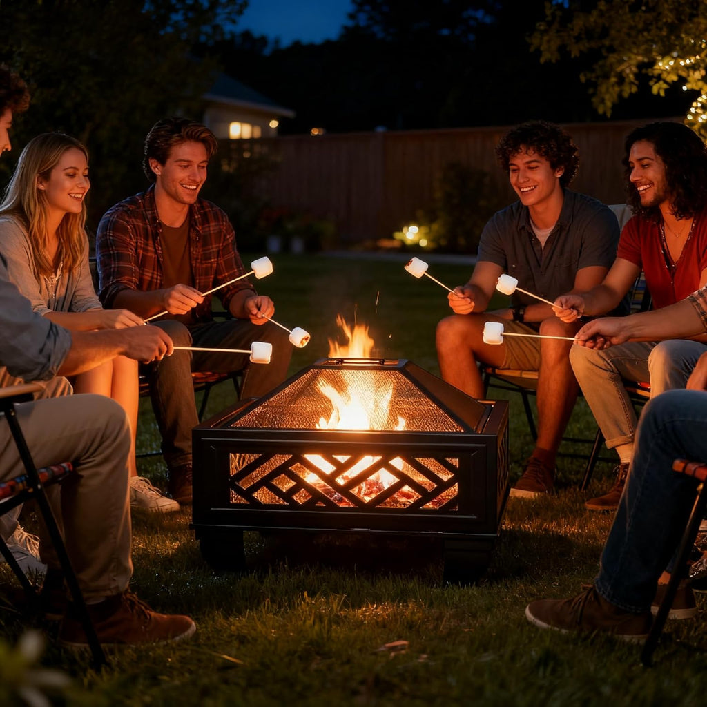Update Version 26 Inch Wood Burning Fire Pit with Cooking Grill and Spark Screen, Outdoor Metal Firepit