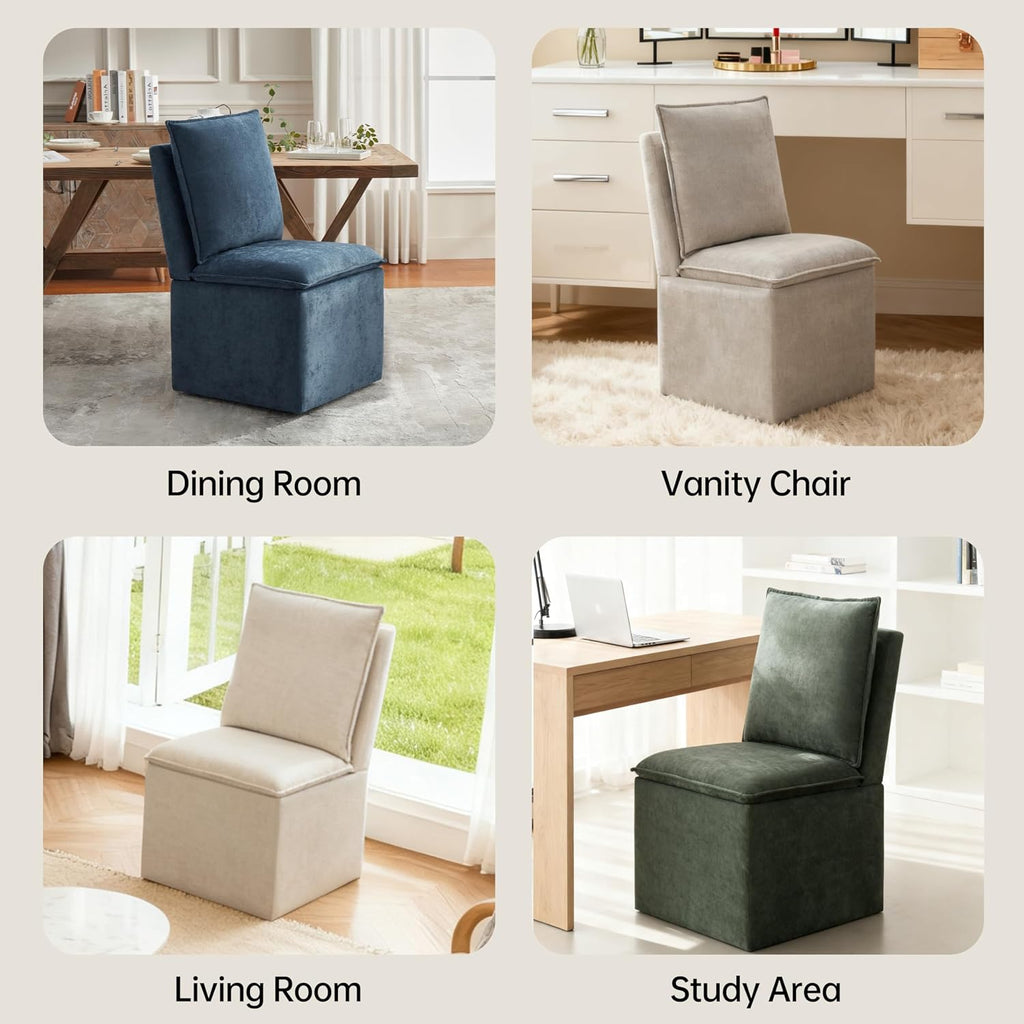 Upholstered Dining Chairs Set of 2, Modern Rolling Chairs with Storage and Wheels, Linen Armless Chair with Cushion