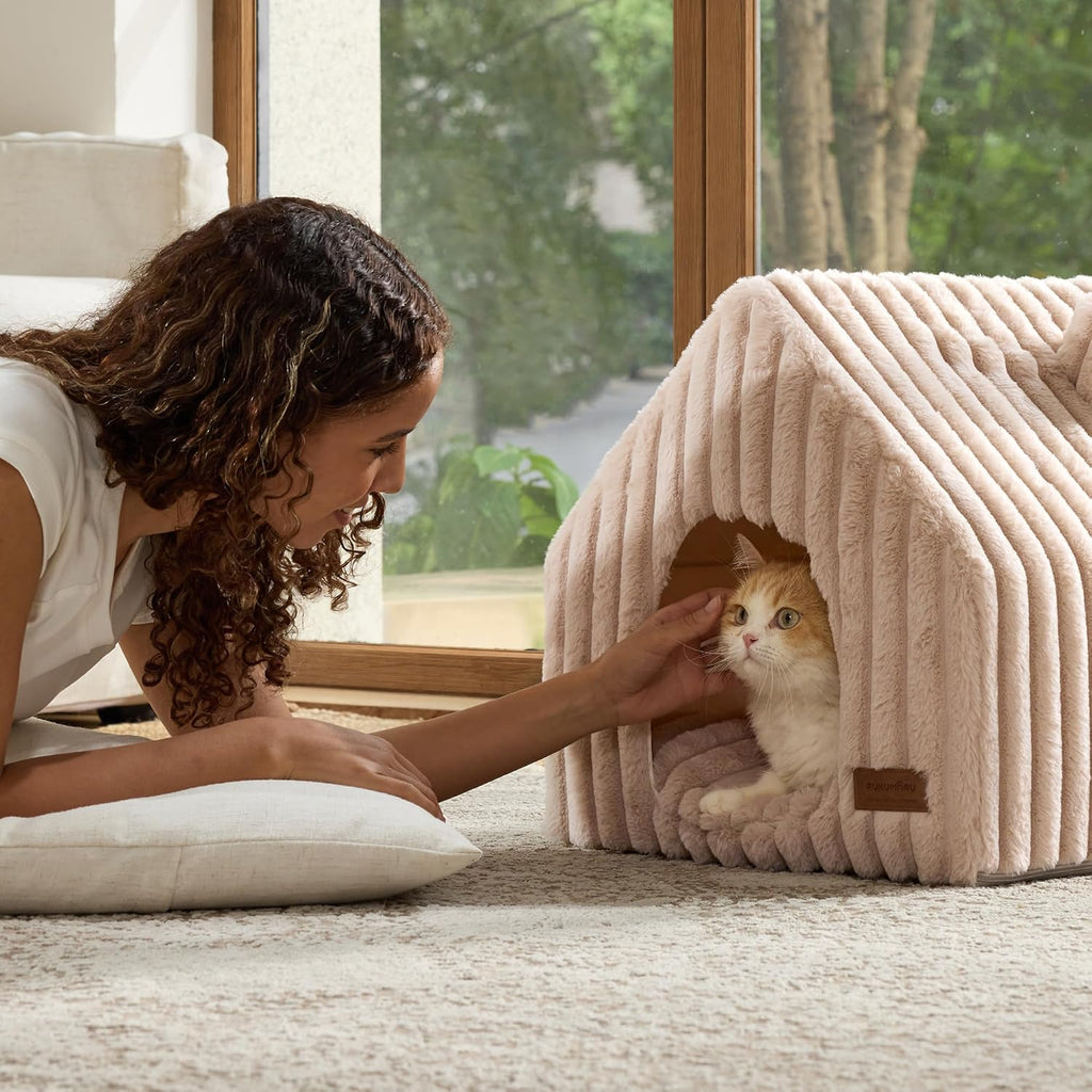 Cat Bed Cave, Enclosed Washable Covered Dog Bed with Support Frame