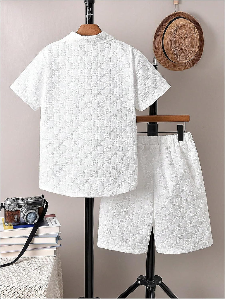 Boys 2 Piece Beach Vacation Textured Linen Button Down Outfit
