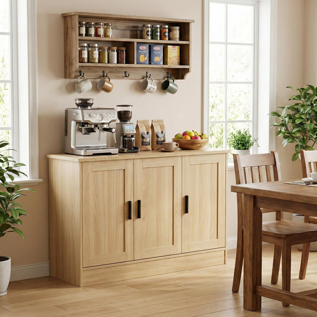 43" Oak Buffet Cabinet with Black Handles, Small Kitchen Sideboard with 3 Doors & Adjustable Shelves, Modern Entryway