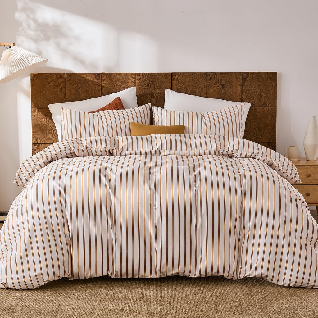 Striped Duvet Cover Set 3 Pieces 100% Cotton Duvet Cover Set with Beige and Terracotta Vertical Stripe
