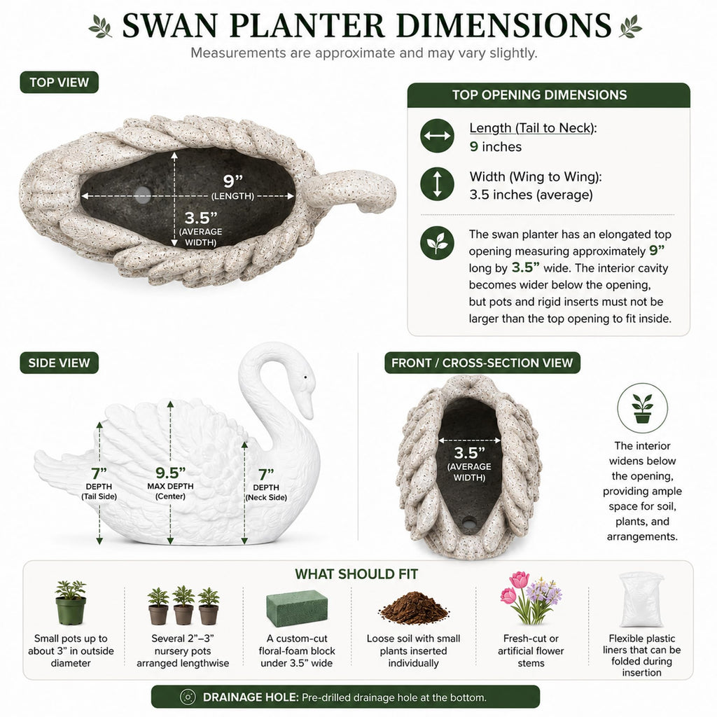Swan Cast Stone Planter Garden Decor - White
