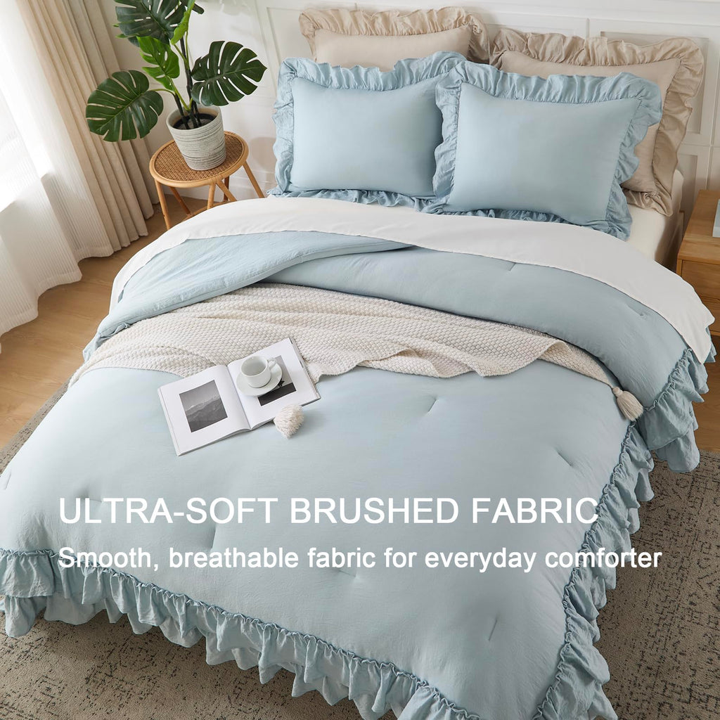 Double Ruffle Blue Comforter Farmhouse Bedding