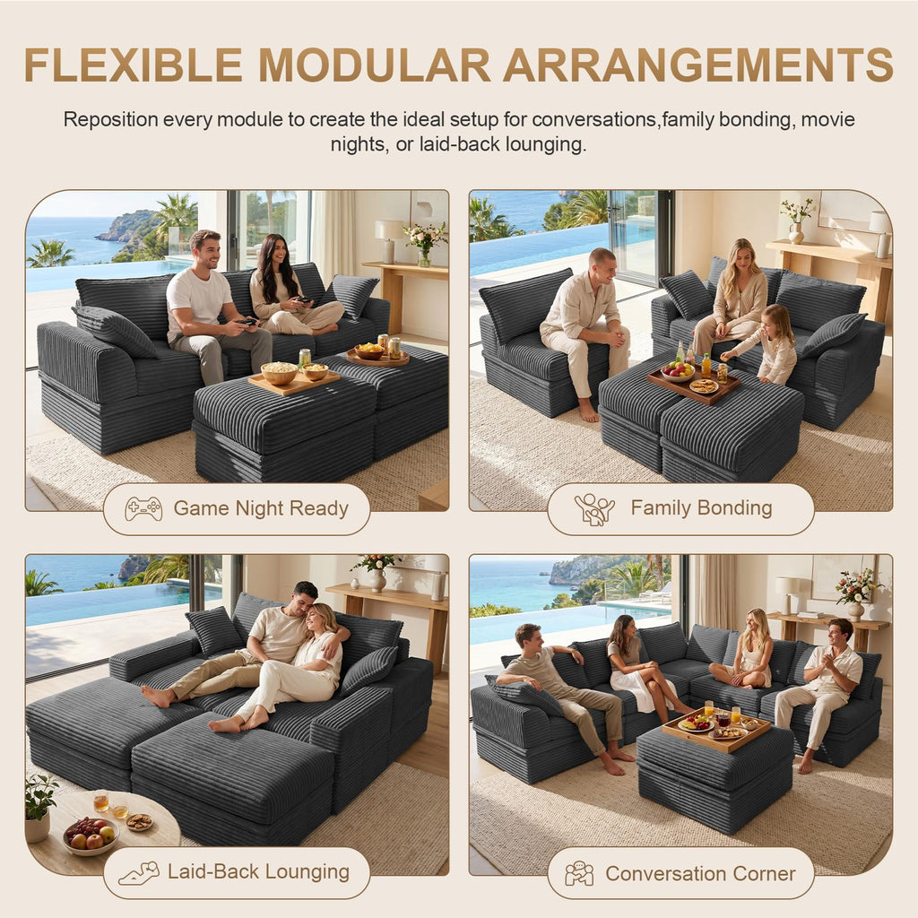 142" Oversized Modular Sectional Cloud Couches, Corduroy 6-Seat Large Upgraded Boneless Couch with Ottoman Chaise