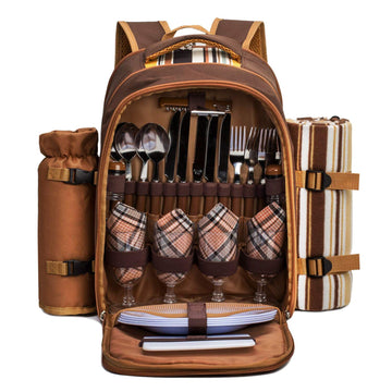 Backpack, 4-Person with Blanket & Wine, Family & Lovers Gift, Brown