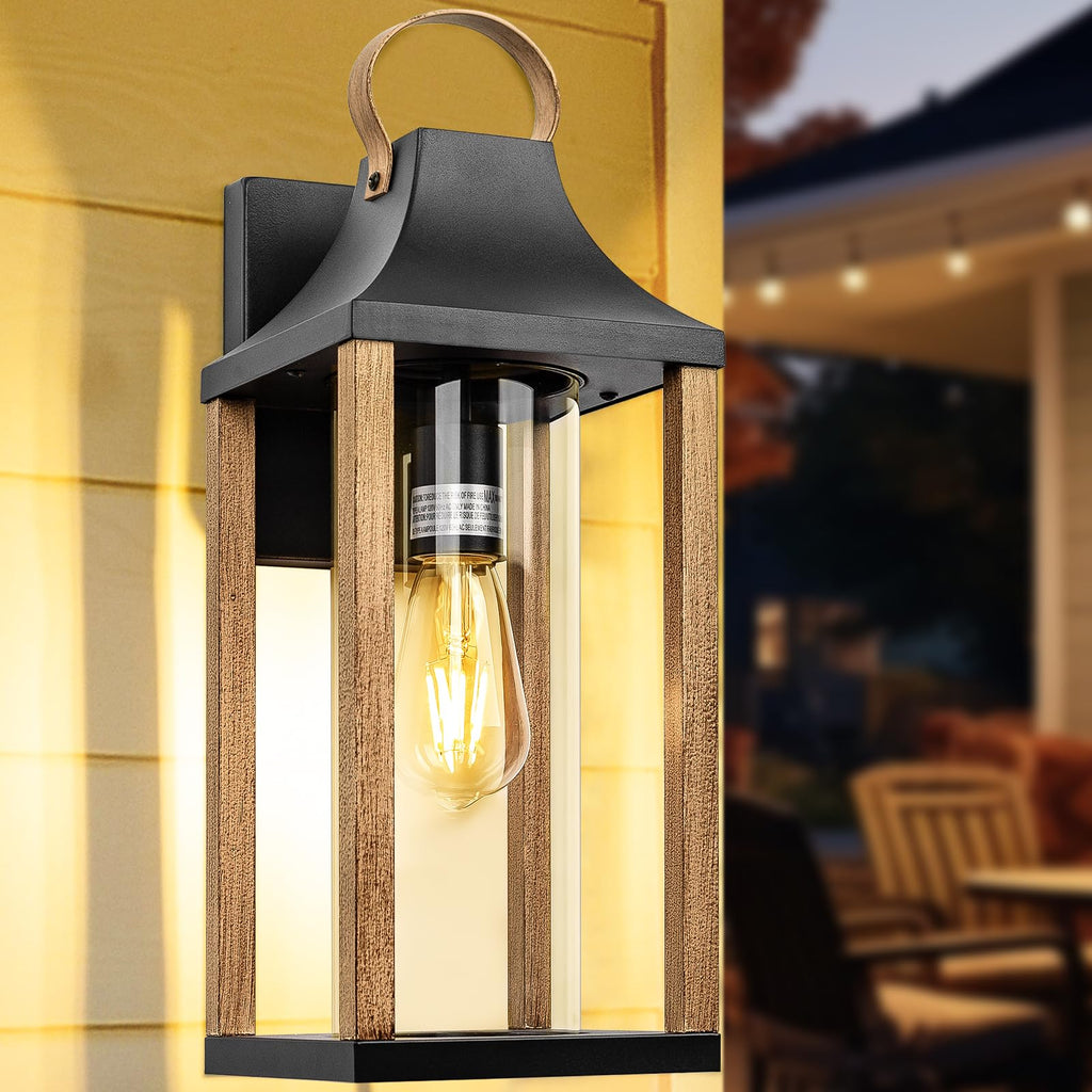 Outdoor Wall Light Rustic Wood Cylindrical Glass 17" Large