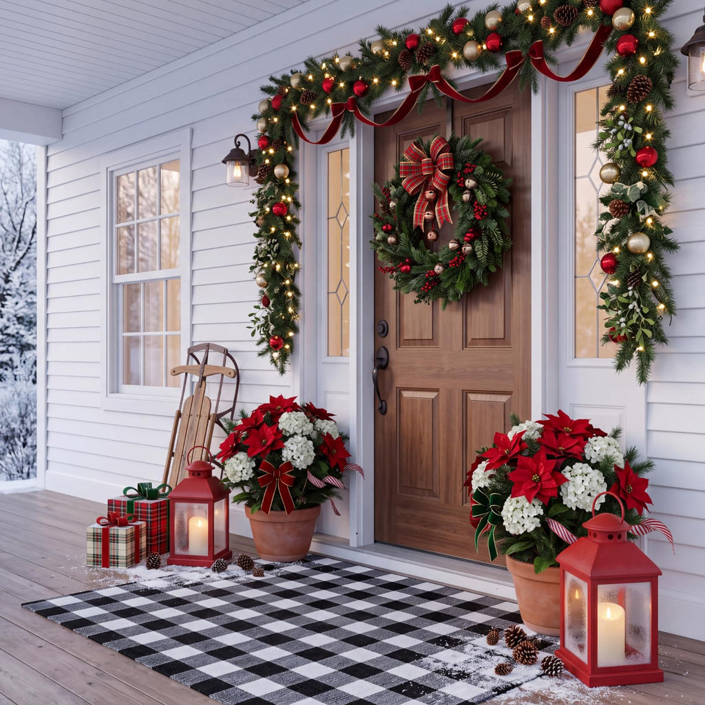 4' x 6' Christmas Outdoor Rug, Plaid Buffalo, Black and White