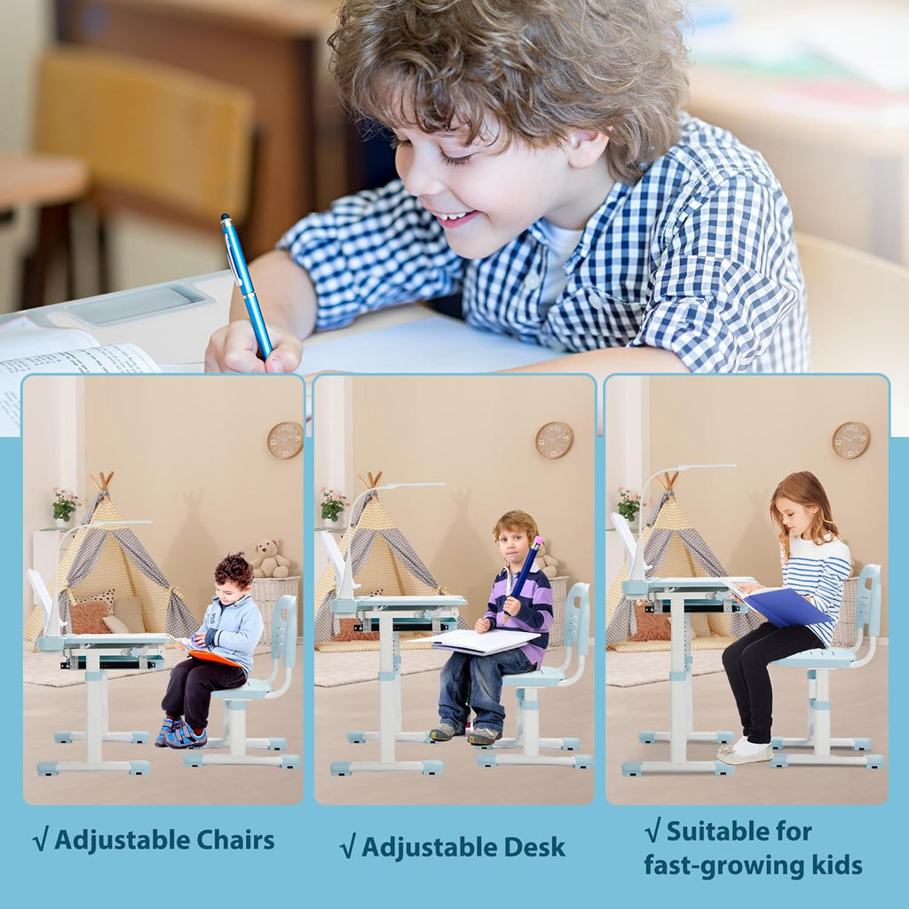 Kids Desk and Chair Set, Height Adjustable Children School Functional Study Desk with 55° Tiltable Desktop, 3 Modes &