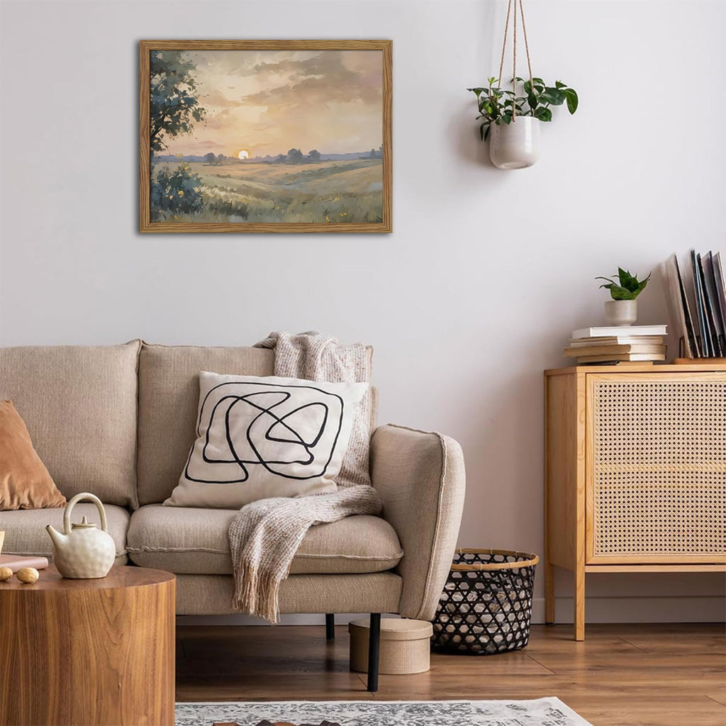 Wood Framed Vintage Wall Art, Fall Nature Sunset Landscape Canvas Wall Decor, Retro Country Farmhouse Prints Artwork