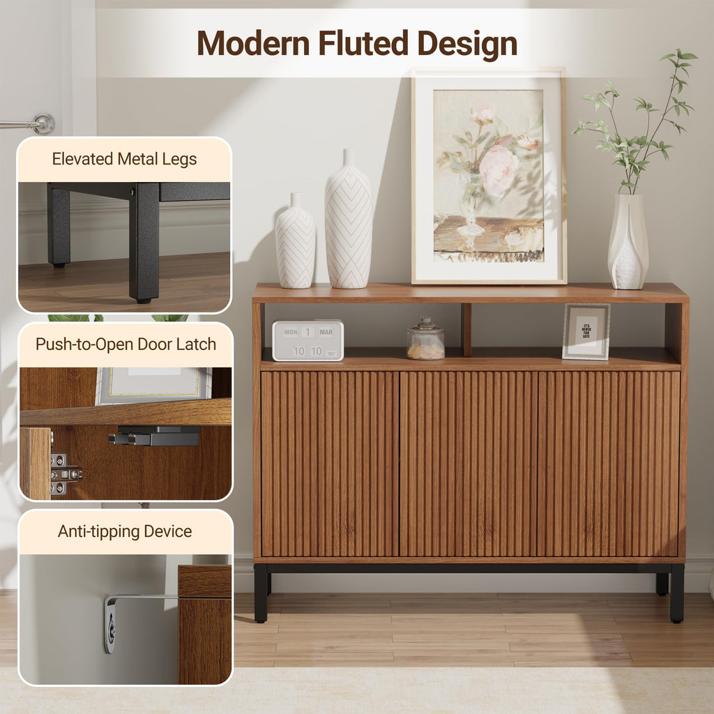 Fluted Sideboard Buffet Cabinet with Open Storage, Modern Large Credenza