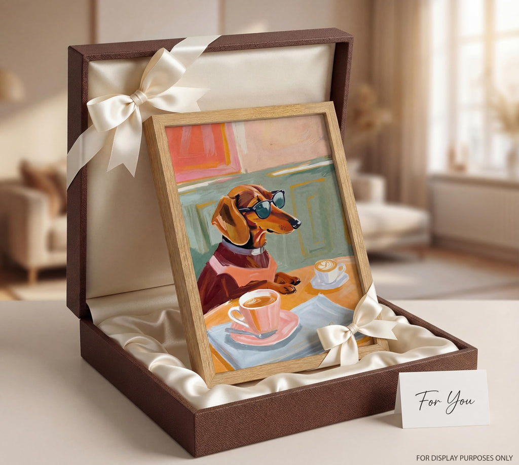 Framed Dachshund Wall Art Funny Dog with Sunglasses Drinking Coffee Poster Whimsical Wiener Dog Decor, Coffee Bar