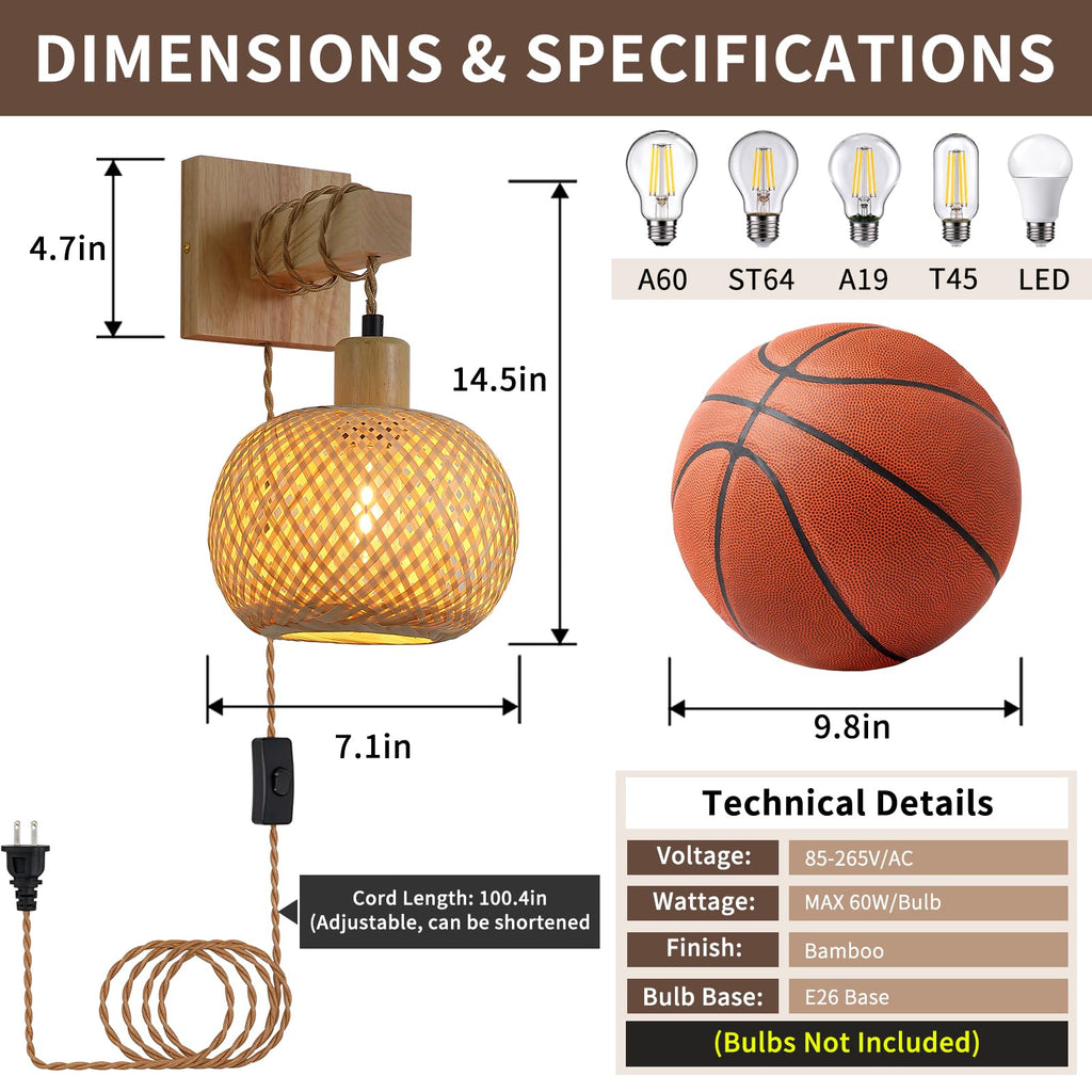 Woven Rattan Plug in Wall Sconce, 15 RGB Dimmable Boho Light, Wood