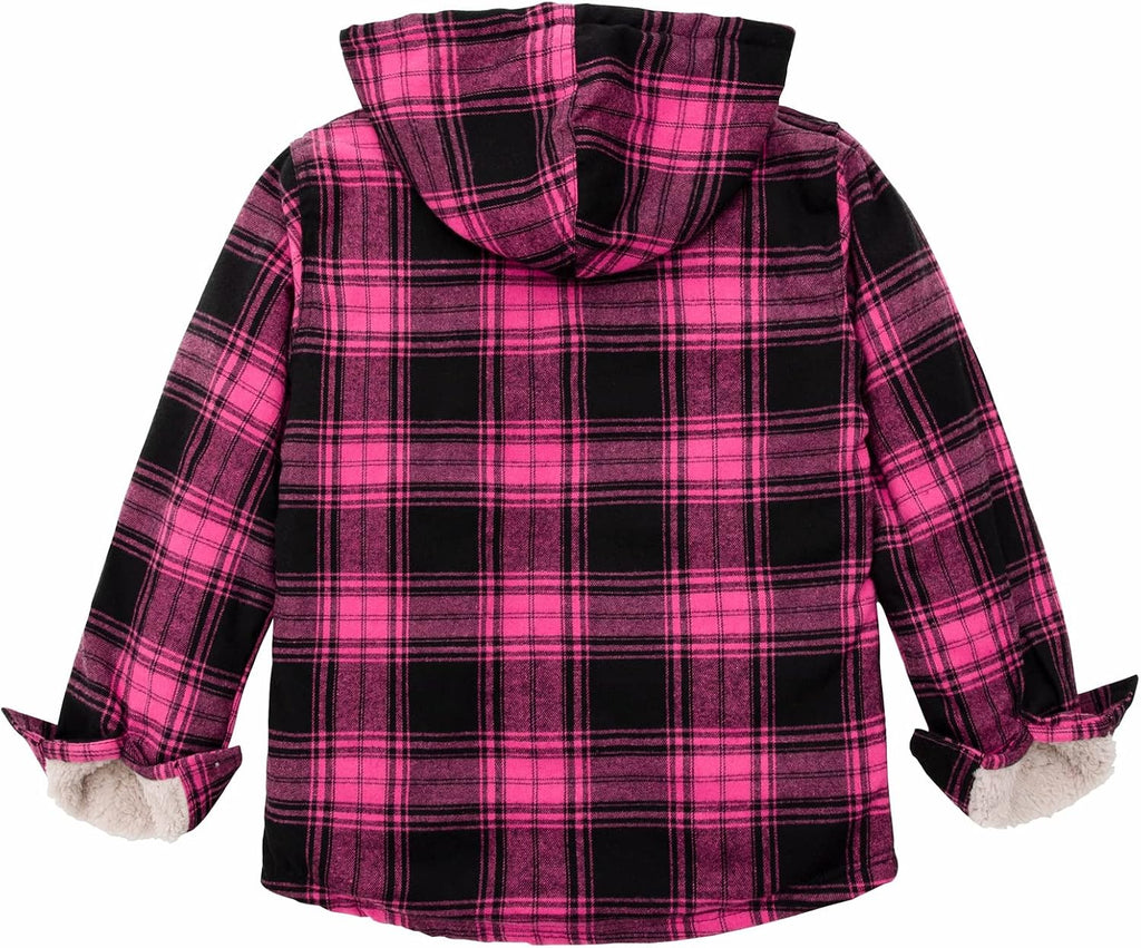 Girls Sherpa Lined Plaid Button Hooded Jacket