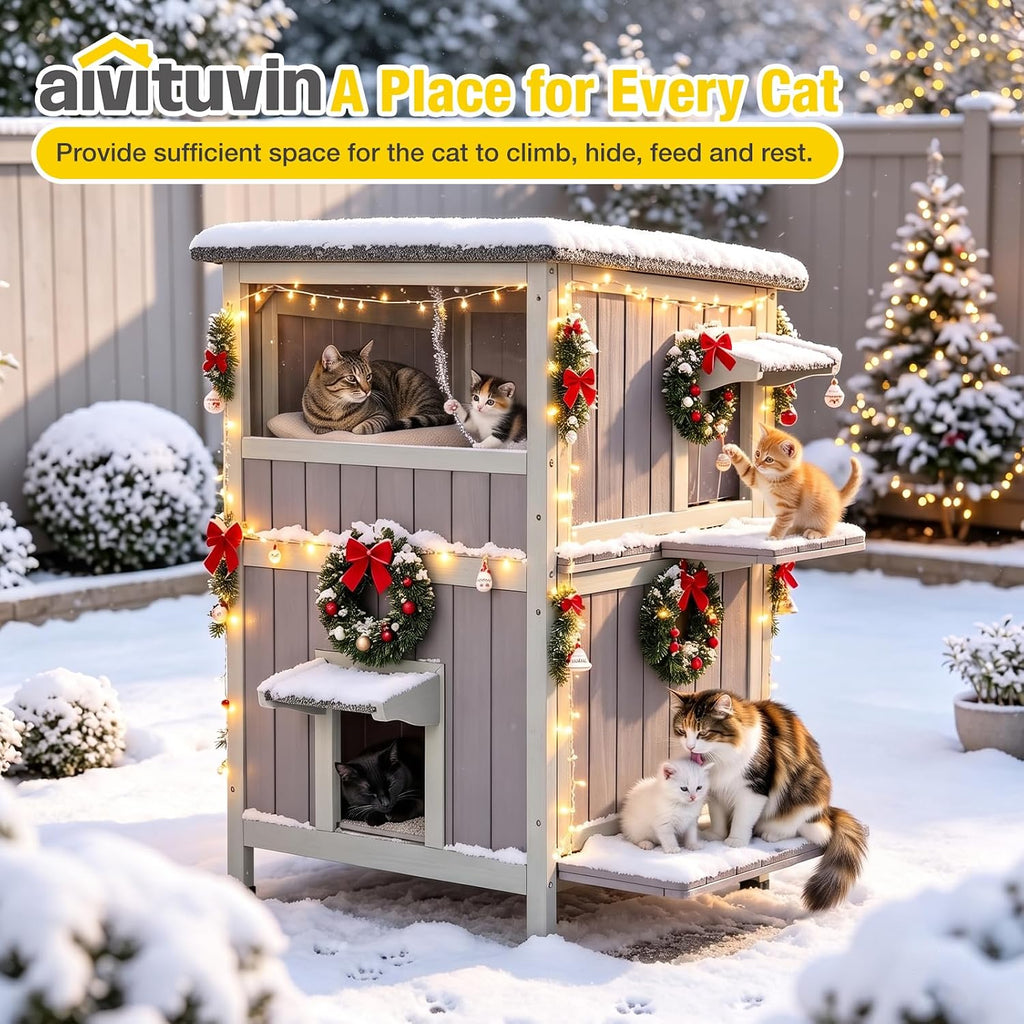 2-Story Cat House for Outside Waterproof Upgraded Grey