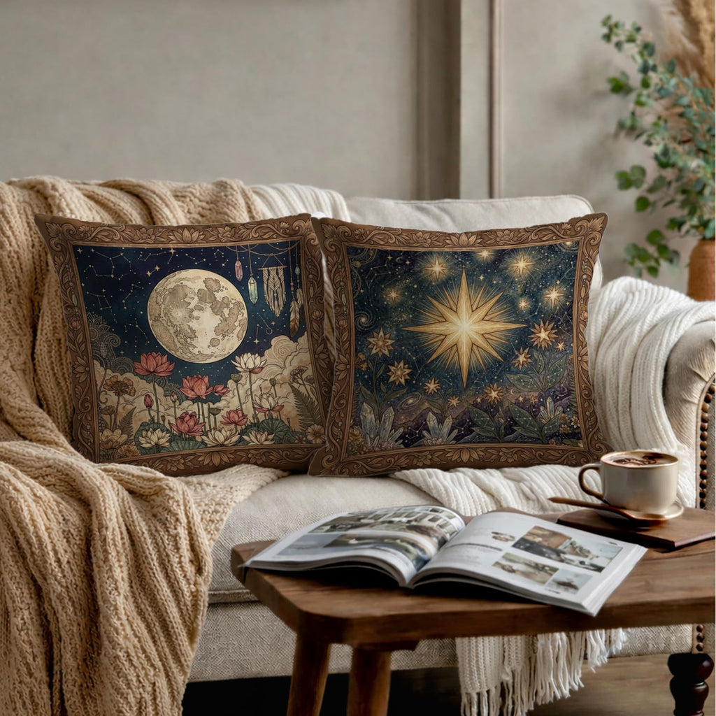 Celestial Night Sky Star Tarot Pillow Covers 18x18, Mystical Crystal Forest Botanical Witchy Astrology Decorative