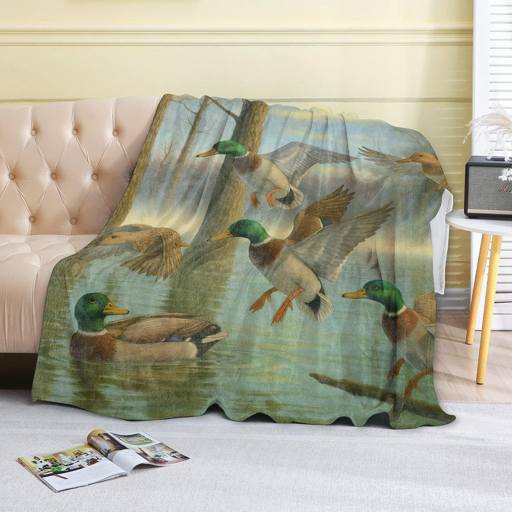 Mallard Duck Fleece Blanket, 50x60in, Flying Ducks Wildlife Scene Forest Wetland Throw Blankets, Soft Cozy Lightweight